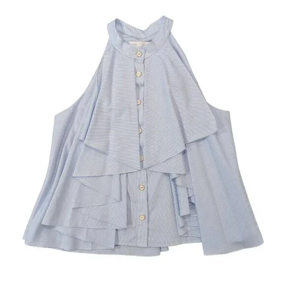 CAROLINE CONSTAS Like New Adrie Striped Ruffle Blouse L Blue White Sleeveless - Picture 4 of 14